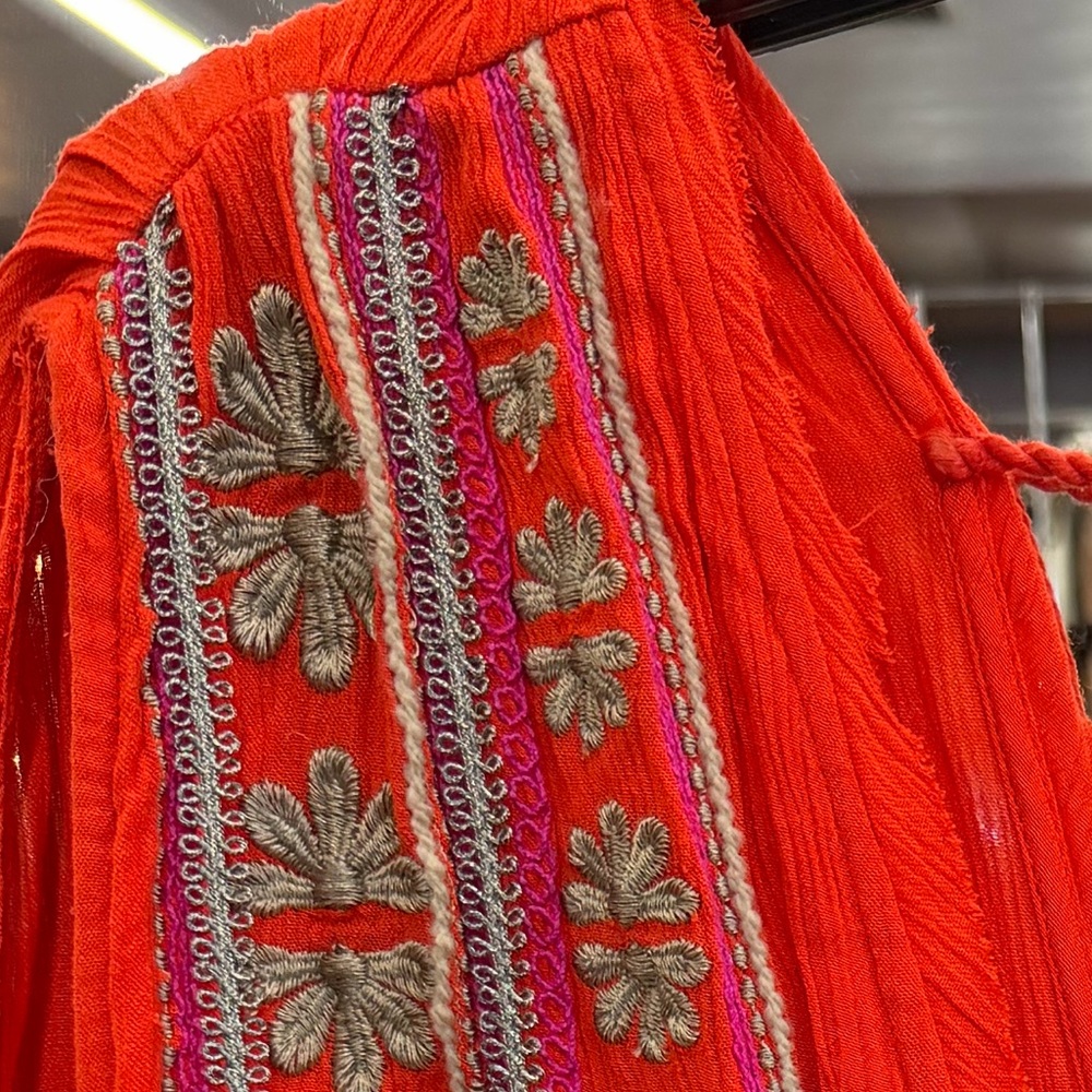 Free People Bali Will Wait For You Red Boho Midi Dress Embroidered Tassel size L - Picture 5 of 5